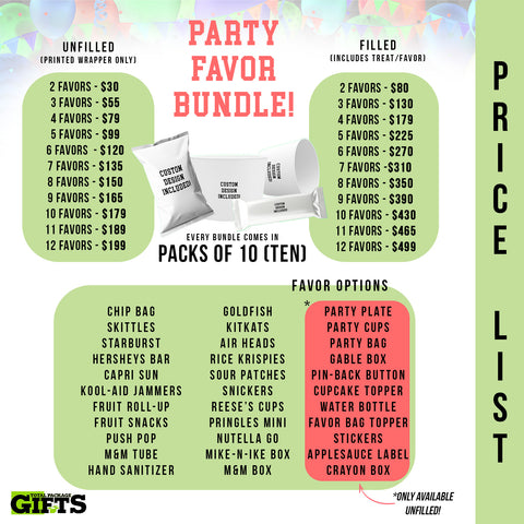 Party Favor Bundle | BEST for your BUDGET | Mix and Match Custom Favors including chip bags, plates, labels, stickers, candy bar labels, boxes etc